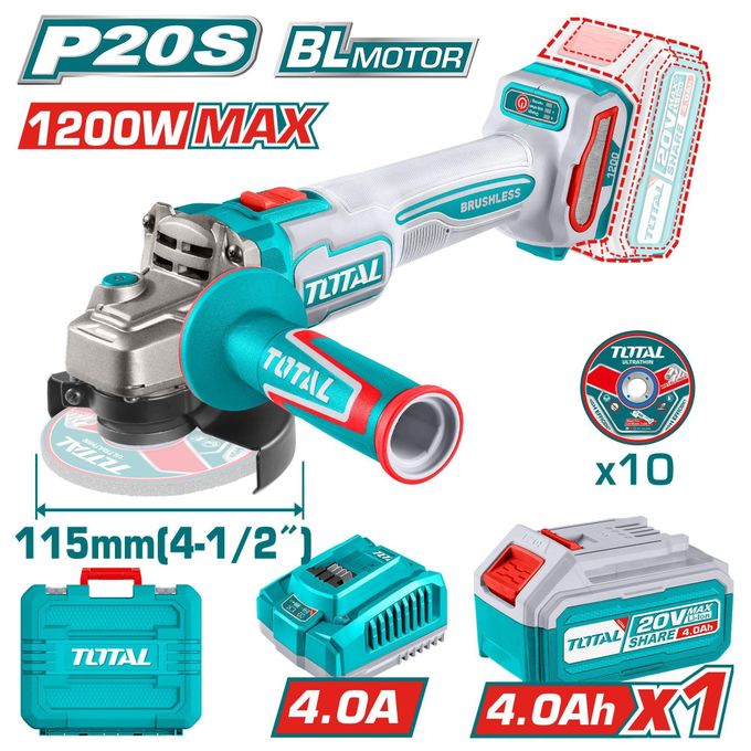TOTAL TAGLI2211531 Cordless Angle Grinder (20V, 115mm)