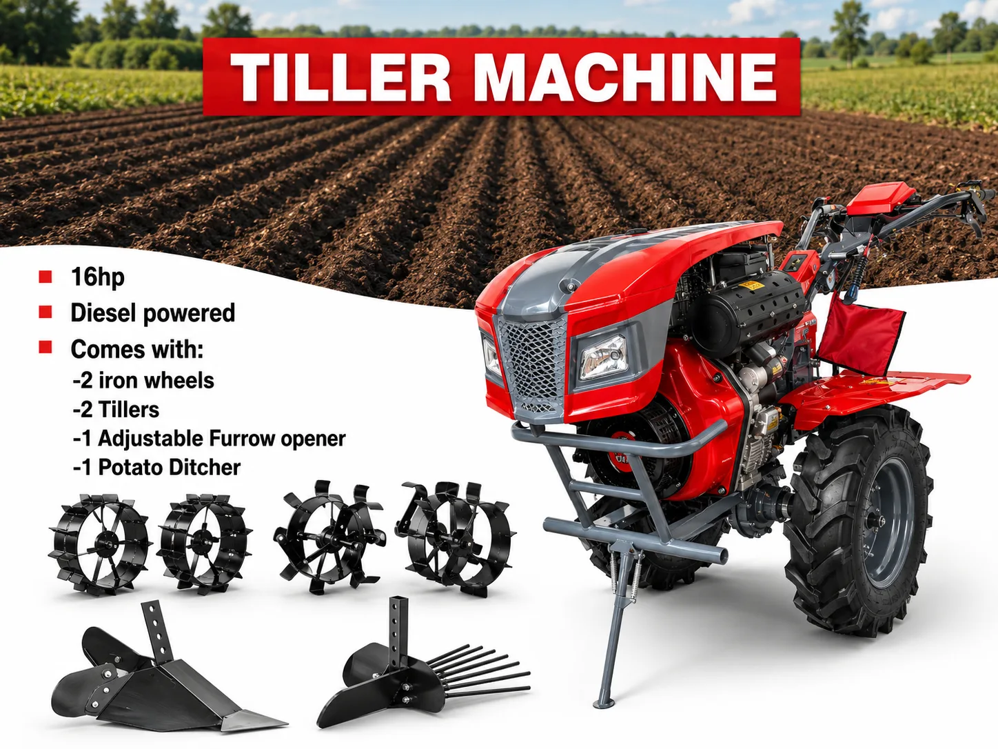 16HP Diesel Power Tiller Machine With Iron Wheels, Tillers, Furrow Opener and Potato Ditcher